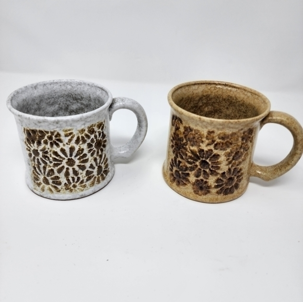 Coffee Tea Brown Tan Floral Pattern‎ Pottery Mug Set New Without Tags